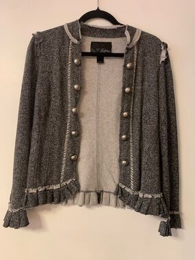 Daytrip Gray Frayed-Trim Open Cardigan with Decorative Buttons